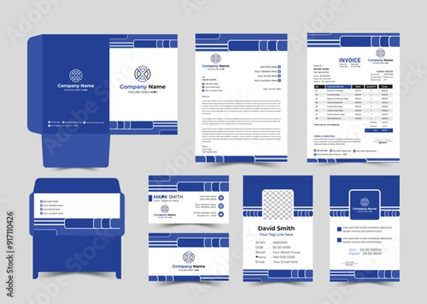 Obraz Office Stationery Template Set of Business Card, Id Card, Letterhead, Invoice, Envelope, File Folder. Corporate Identity Print Template Set.