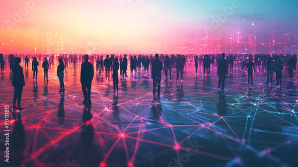 Obraz network silhouette diverse group of people connection connected digital technological communication interaction world business global internet web AI relation bonding online