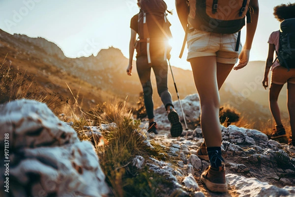 Fototapeta Hikers trekking up a sunlit mountain trail at dawn