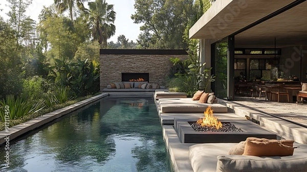 Obraz outdoor fire pit design around sitting area next to garden wall, warm minimalist, natural colors, bali style, plants, decorative pool
