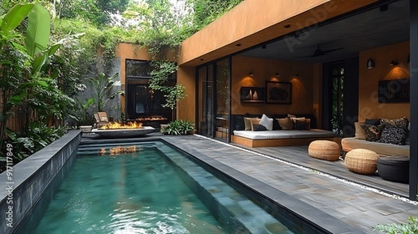 Obraz outdoor fire pit design around sitting area next to garden wall, warm minimalist, natural colors, bali style, plants, decorative pool