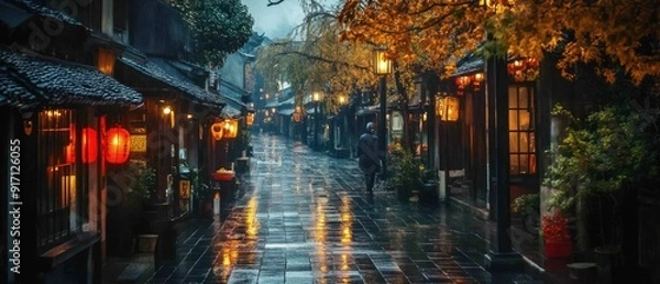 Fototapeta Rainy evening in the city. Blurry figures of people walking. Shiny raindrops on the street. Multi-colored city lights in the background. Creative evening lights and blurred shadows