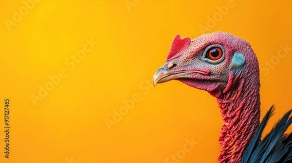 Fototapeta Close-up portrait of a turkey's head with a bright orange background.