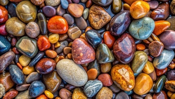 Fototapeta A Close-Up View of Colorful Polished Pebbles, Smooth Stone Texture, Nature Background, Rock Collection, Pebble Art