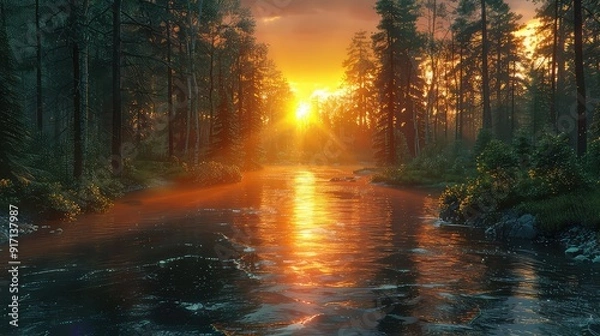 Fototapeta Beautiful sunset over the forest river nature background