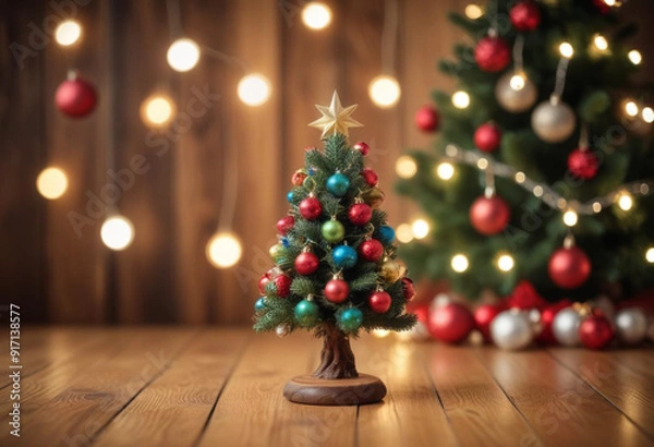 Fototapeta a small christmas tree with ornaments and lights on wooden table, with a blurred background of additional christmas tree
