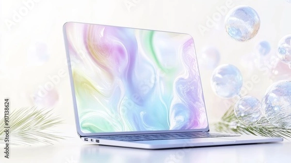 Fototapeta Laptop with Abstract Background and Bubbles
