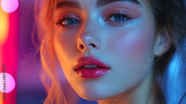 Fototapeta Close-up of a woman's face with pink lips and blue eyes lit by colorful lights.