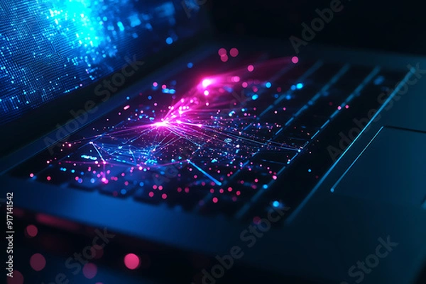 Fototapeta An abstract digital background showcasing a hand on a laptop keyboard