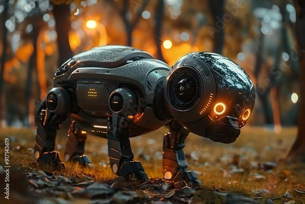 Fototapeta Futuristic Robot Dog in Autumn Forest 3D Illustration