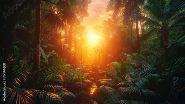 Fototapeta Tropical forest with palm trees at sunrise nature background