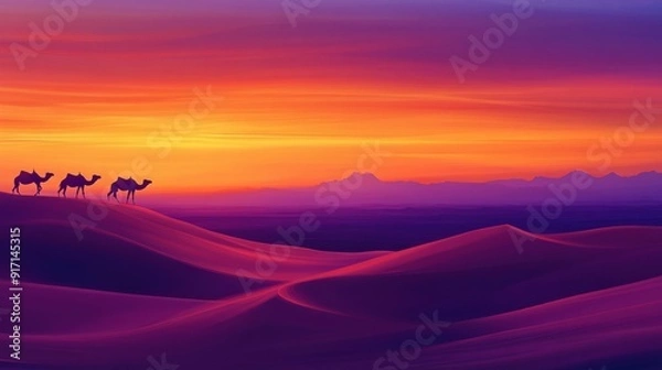 Fototapeta Silhouettes of camels on desert dunes during