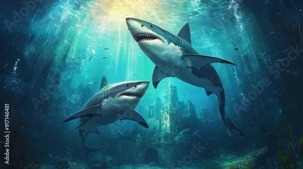 Fototapeta Two majestic sharks swim gracefully through a stunning underwater landscape, illuminated by rays of sunlight streaming from above.