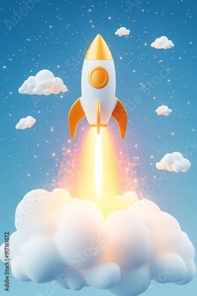 Fototapeta Laptop with Floating Rocket Icon Symbolizing Online Business Transformation and Tech Driven Growth