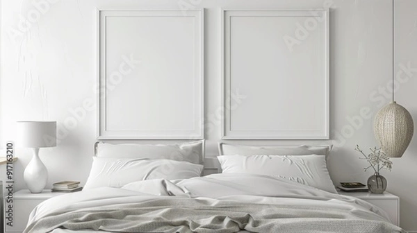 Fototapeta Two-framed mock-up poster hanging on the wall of a residential bedroom.3D illustration.