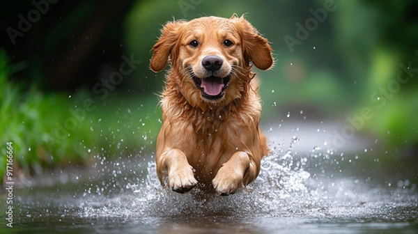 Fototapeta golden retriever dashes across a lush green field, capturing the essence of freedom and happiness. The dog's expressive face and lively movement evoke warmth and affection, symbolizing loyalty and fri