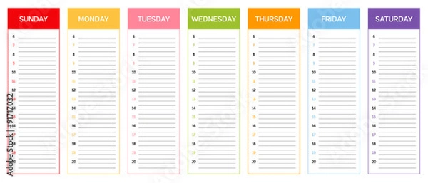 Fototapeta Kalendarz planowania tygodnia (kolory według astrologii tajskiej)
