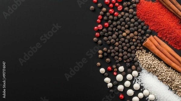 Fototapeta Assorted Spices and Seasonings on Black Background - Colorful Peppercorns, Salt, Cinnamon Sticks, and Red Chili Powder