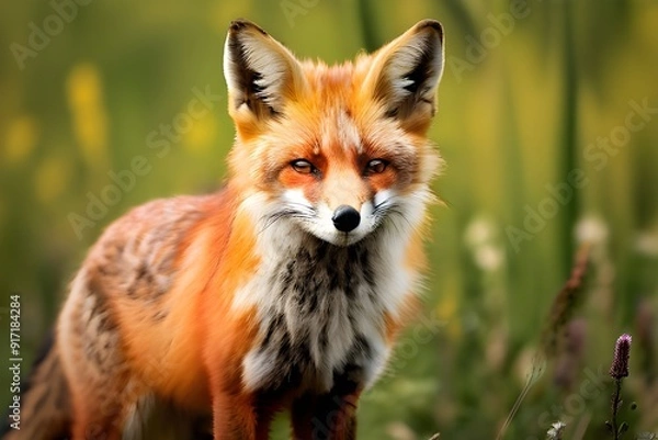 Fototapeta A fox standing gracefully in lush green grass, showcasing its vibrant fur and alert demeanor.