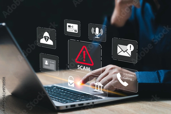 Obraz Scam, Hacker, Fraudulent online, Personal Data Protection, Identity theft concept, Businessman Being deceived the Internet To steal personal information, Call, Email, credit card and ID card Number