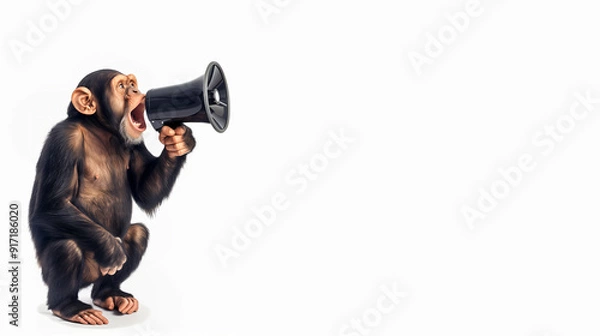 Obraz Chimp shouting into a megaphone, as to make an announcement or a campaign promotion, against a plain white background with ample copy space on the right.