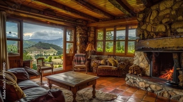 Fototapeta Photo of a cottage with a fireplace and large vents with a mountain view. A cozy country hotel with a city view and nature views.