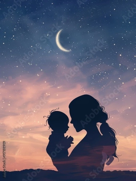 Fototapeta Silhouette of a mother and baby, whimsical illustration, set against a dreamy, pastel-colored twilight sky with softly glowing stars and a crescent moon