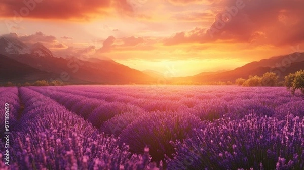 Fototapeta A breathtaking view of a lavender field bathed in the warm hues of sunset, creating a stunning landscape where nature beauty meets the golden hour