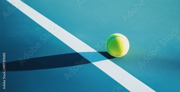 Obraz Sleek Contour: A Tennis Ball Resting on a Blue Court with White Lines, Exuding a Striking Visual Impact Through Minimalist Design and Bold Shadows