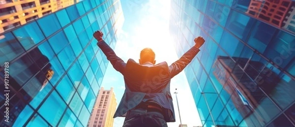 Fototapeta Businessman raising arms in triumph in front of skyscrapers, symbolizing success and achievement in the corporate world.