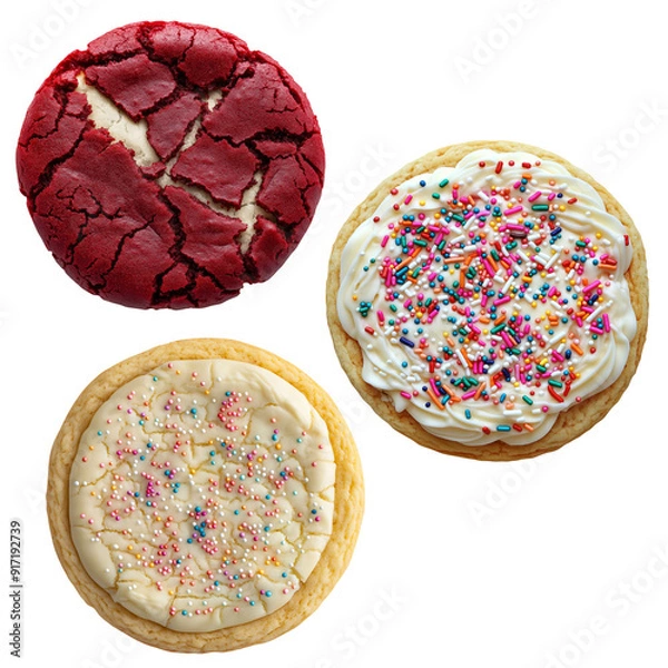 Fototapeta Set collection of three cookies top view above. Red velvet cookie, sugar cookie with sprinkles and cream cheese cookie