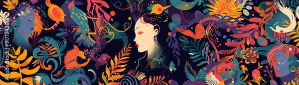 Fototapeta mythology wallpaper with copy space, flat graphic illustration, vibrant colors, intricate patterns, ancient gods and mythical creatures, elegant and modern design, perfect for digital backgrounds and 