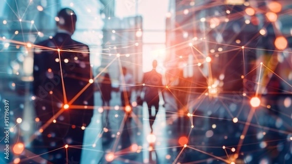 Fototapeta Silhouettes of business professionals walking through a network of glowing lines, symbolizing connection, collaboration, opportunity, progress, and success.