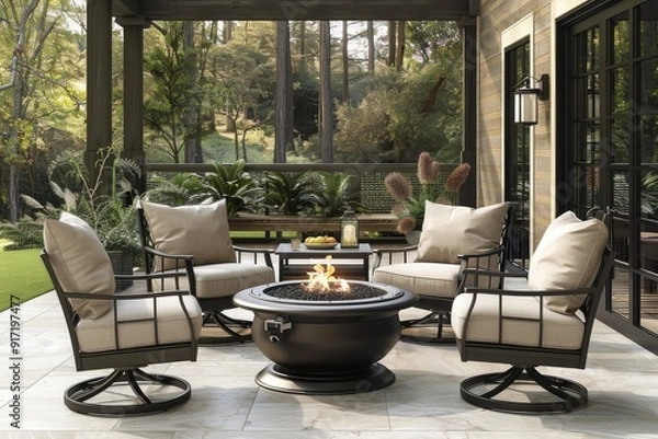 Fototapeta 5-piece patio furniture set featuring a fire pit, two swivel chairs, and a table, all with a black metal frame and beige cushions, designed in modern outdoor style.