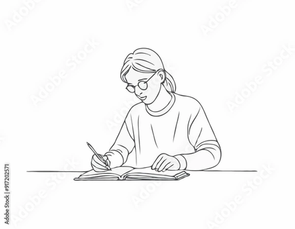 Fototapeta continuous single line drawing of student doing homework, line art vector illustration