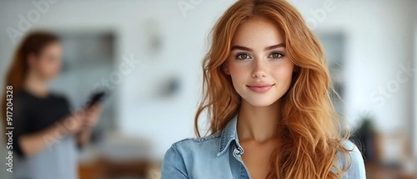 Obraz A young woman with red hair and freckles smiles confidently at the camera.