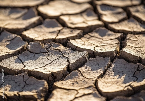Fototapeta Close-Up of Cracked Earth: A Harsh Texture of Drought and Climate Change - Parched Ground Patterns: Fractured and Barren Earth Depicting Environmental Disaster