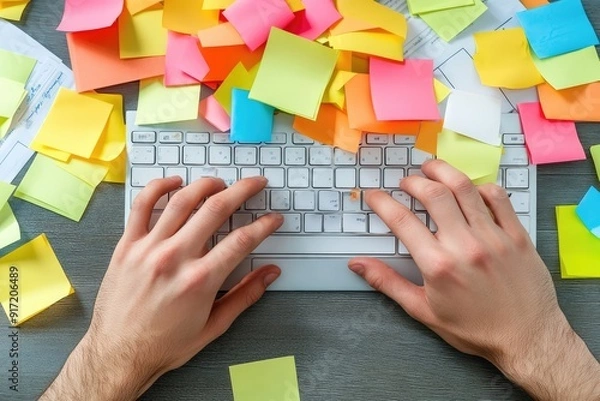 Fototapeta Office cubicle background with sticky notes and documents.