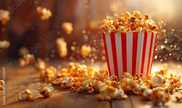 Fototapeta Sweet caramel popcorn in a bowl on a wooden background. Salted caramel popcorn. Caramel sauce. Close up. Topping. Place for text. Copy space