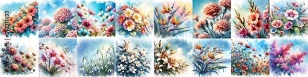 Fototapeta Flowers draw in watercolor splash style. AI generated illustration