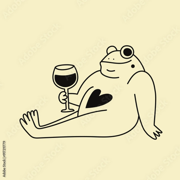 Fototapeta Vector illustration with relaxing frog or toad and glass of wine or other drink. Monochrome print design with animal and drink, apparel print, wall decoration poster, bar menu element