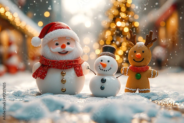 Fototapeta A joyful 3D illustration  Santa Claus, a Snowman, a Gingerbread Cookie, and a Reindeer are playing with snow, celebrating the New Year with a Christmas background