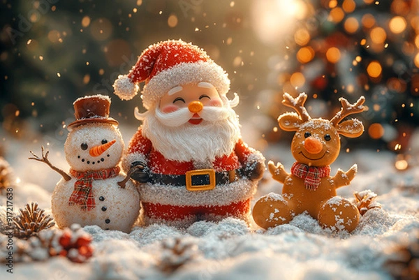 Fototapeta A joyful 3D illustration  Santa Claus, a Snowman, a Gingerbread Cookie, and a Reindeer are playing with snow, celebrating the New Year with a Christmas background