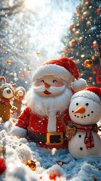 Fototapeta A joyful 3D illustration  Santa Claus, a Snowman, a Gingerbread Cookie, and a Reindeer are playing with snow, celebrating the New Year with a Christmas background