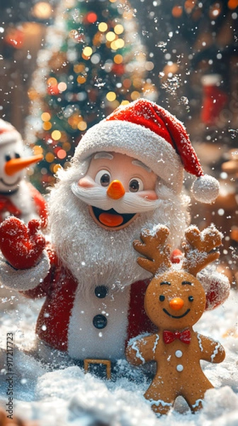 Fototapeta A joyful 3D illustration  Santa Claus, a Snowman, a Gingerbread Cookie, and a Reindeer are playing with snow, celebrating the New Year with a Christmas background