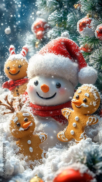Fototapeta A joyful 3D illustration  Santa Claus, a Snowman, a Gingerbread Cookie, and a Reindeer are playing with snow, celebrating the New Year with a Christmas background