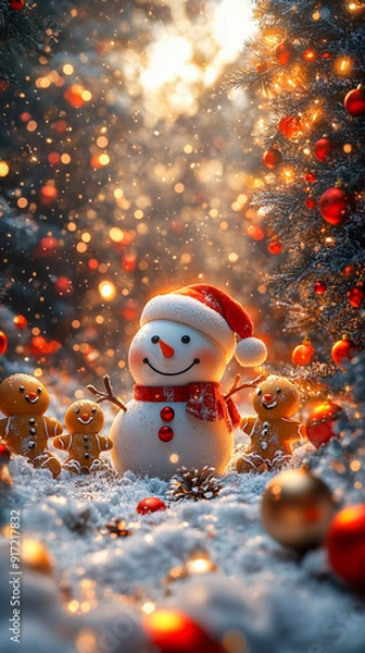 Fototapeta A joyful 3D illustration  Santa Claus, a Snowman, a Gingerbread Cookie, and a Reindeer are playing with snow, celebrating the New Year with a Christmas background