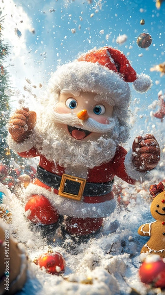 Fototapeta A joyful 3D illustration  Santa Claus, a Snowman, a Gingerbread Cookie, and a Reindeer are playing with snow, celebrating the New Year with a Christmas background