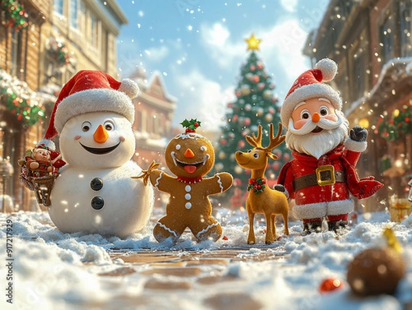 Fototapeta A joyful 3D illustration  Santa Claus, a Snowman, a Gingerbread Cookie, and a Reindeer are playing with snow, celebrating the New Year with a Christmas background