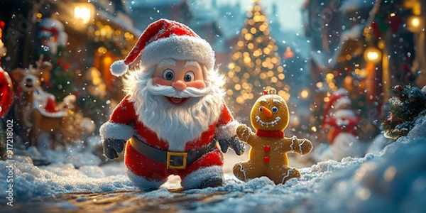Fototapeta A joyful 3D illustration  Santa Claus, a Snowman, a Gingerbread Cookie, and a Reindeer are playing with snow, celebrating the New Year with a Christmas background